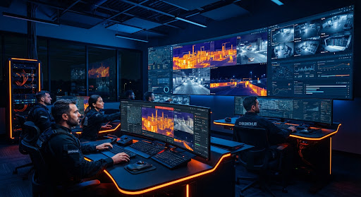 A high-tech digital security command center at night with large panoramic screens displaying real-time thermal camera feeds and data streams.
