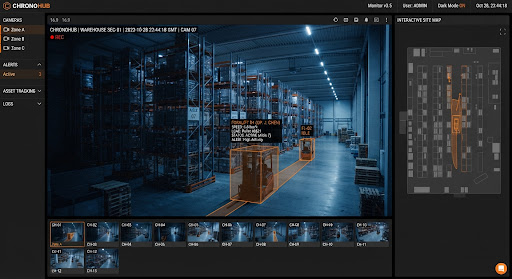 A CCTV view of a modern industrial warehouse interior with rows of storage racks.